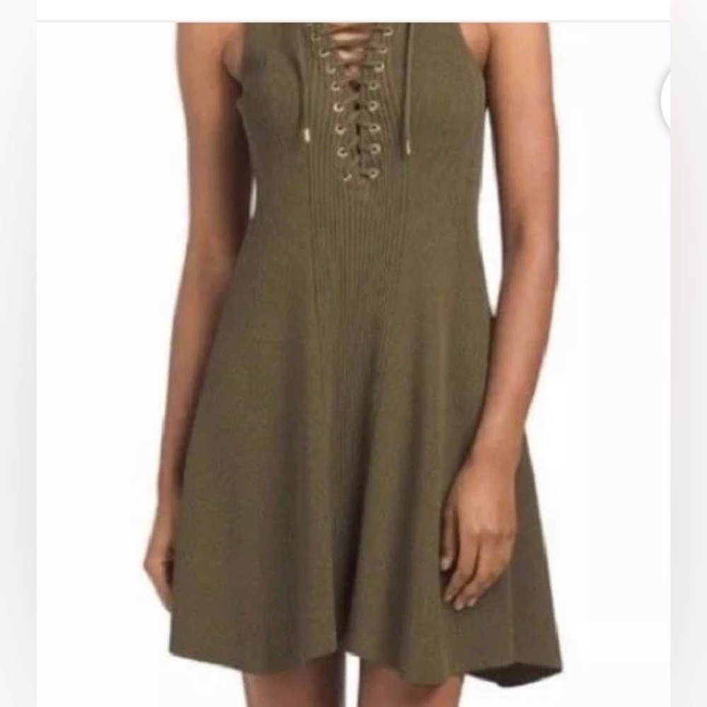 Torn by Ronny Kobo Lace Up Fit & Flare Olive Green Dress